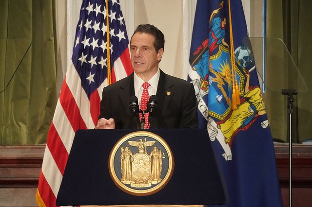 Governor Andrew Cuomo speaking at the Roosevelt House for Public Policy on Monday morning.
